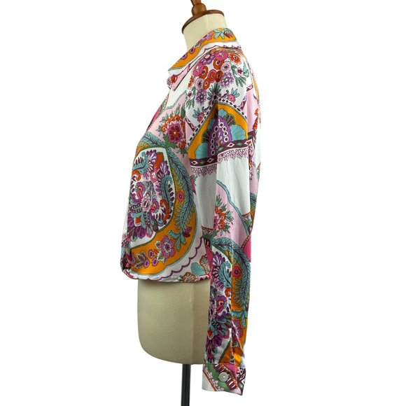 Rachel Zoe Wrap Top Womens XS Boho Long Sleeve Floral Colorful Pink Green - Picture 2 of 11